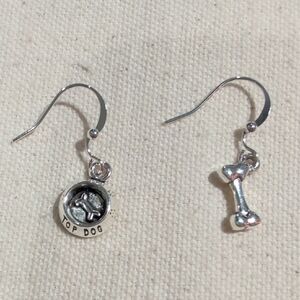 Handmade Silver Dog Bow & Bone Drop Earrings